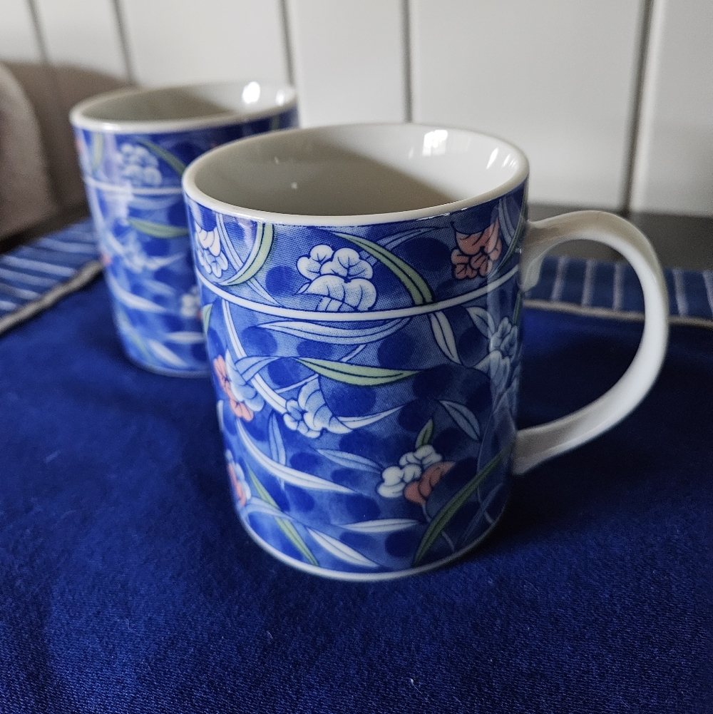 Pair Of Lovely Blue And White Floral Mugs